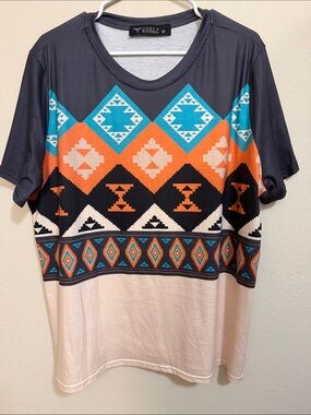 Lucky & Blessed Aztec Colorblock Tee in Teal, Orange & Cream
